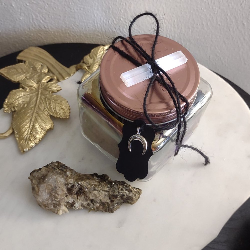 Custom Witchy Goth Chunky Crystal Potpourri in Glass Vessel, Dark Home Decor